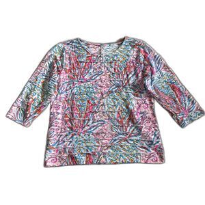 Lulu-B Top Womens Medium Stretch Shirt 3/4 Sleeves Resort Pink Blue Cotton